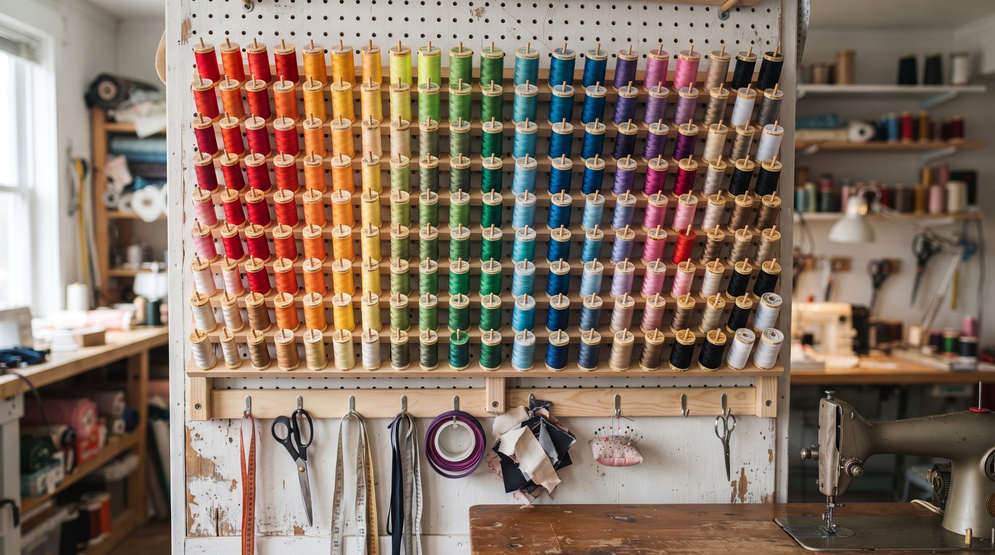 Vetrina dell'atelier con attrezzatura da ricamo